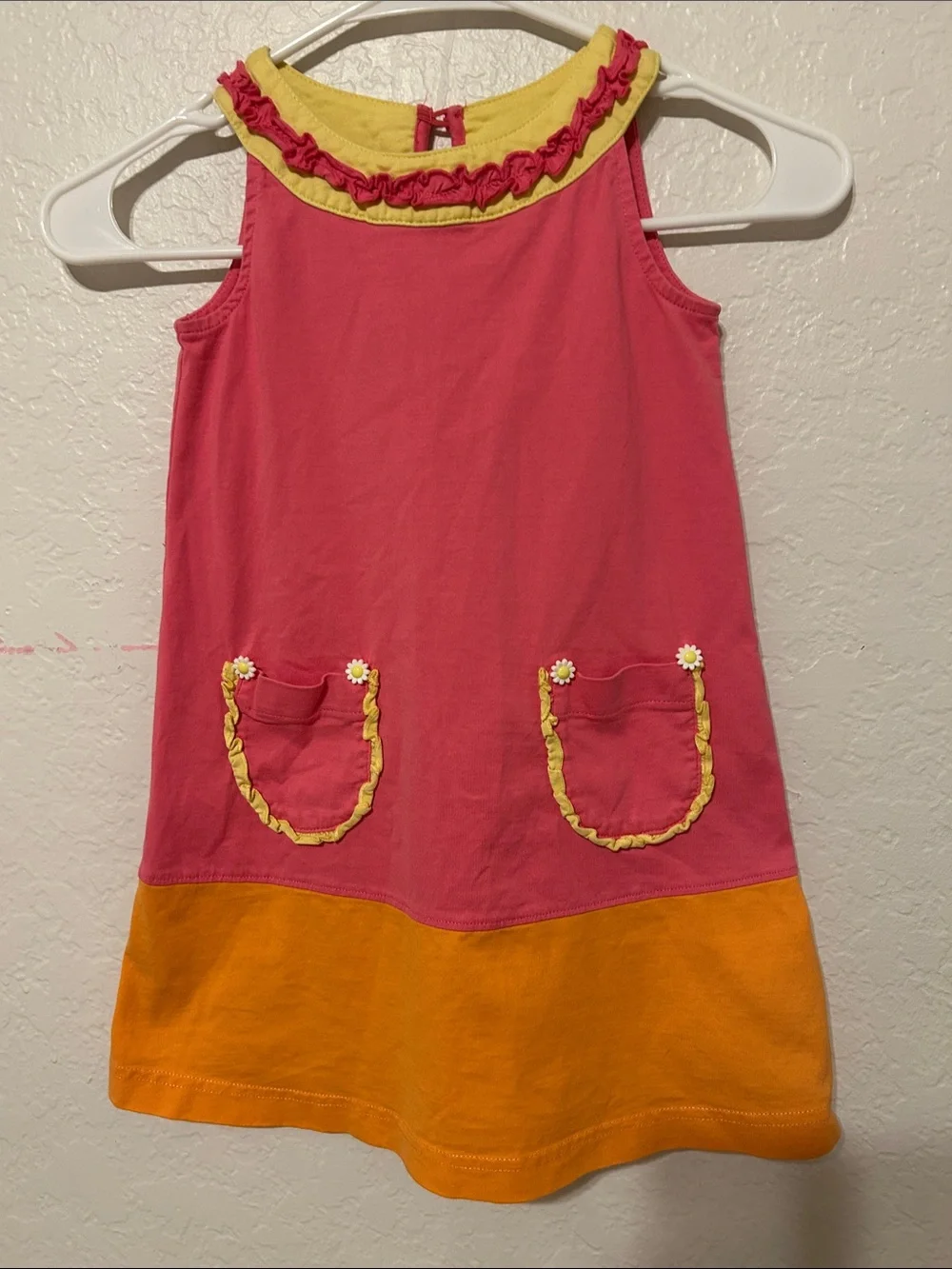 🐕‍🦺Hanna Andersson  Colorblock Pink &Orange Ruffle Pocket Dress size 100/us4 GUC